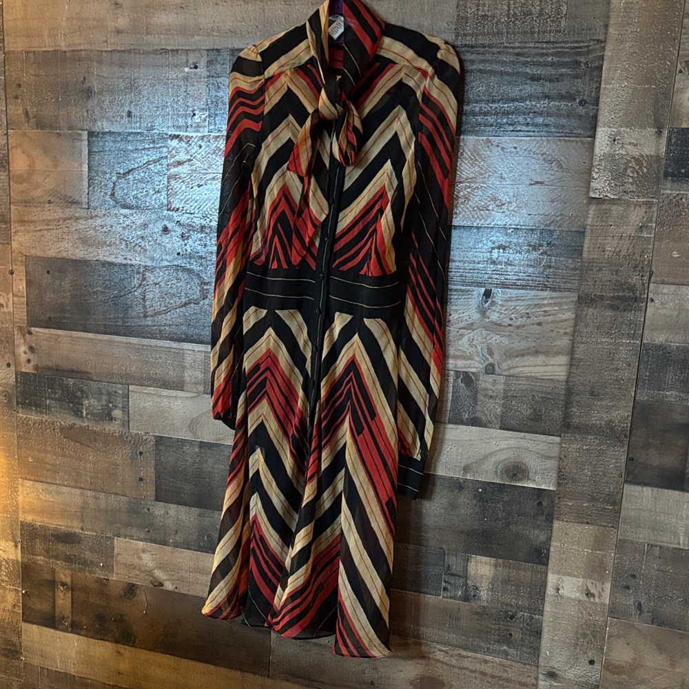 Diane Von Furstenberg Red and Tan Chevron Long Sleeve Dress